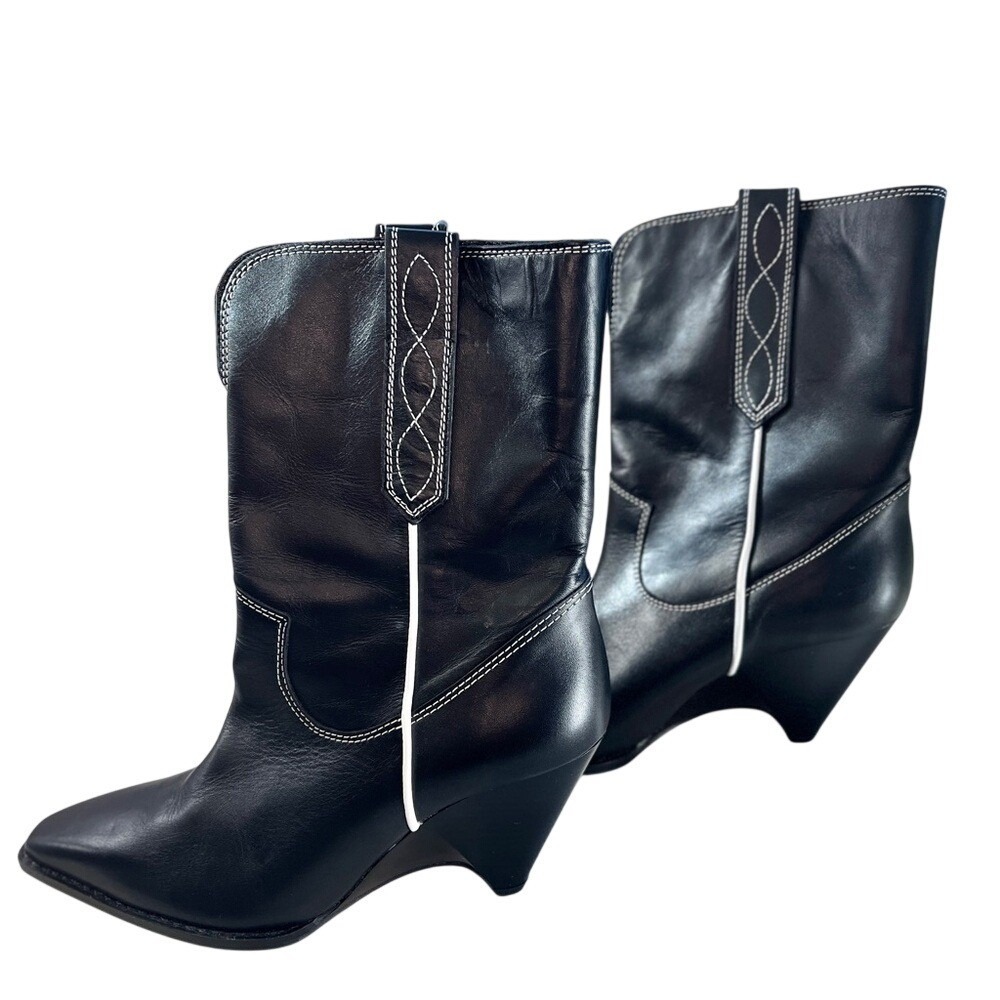 Zara Black Leather Western Boots Sculptural Wedge Heel Sz 7 SRPLS - Picture 3 of 11